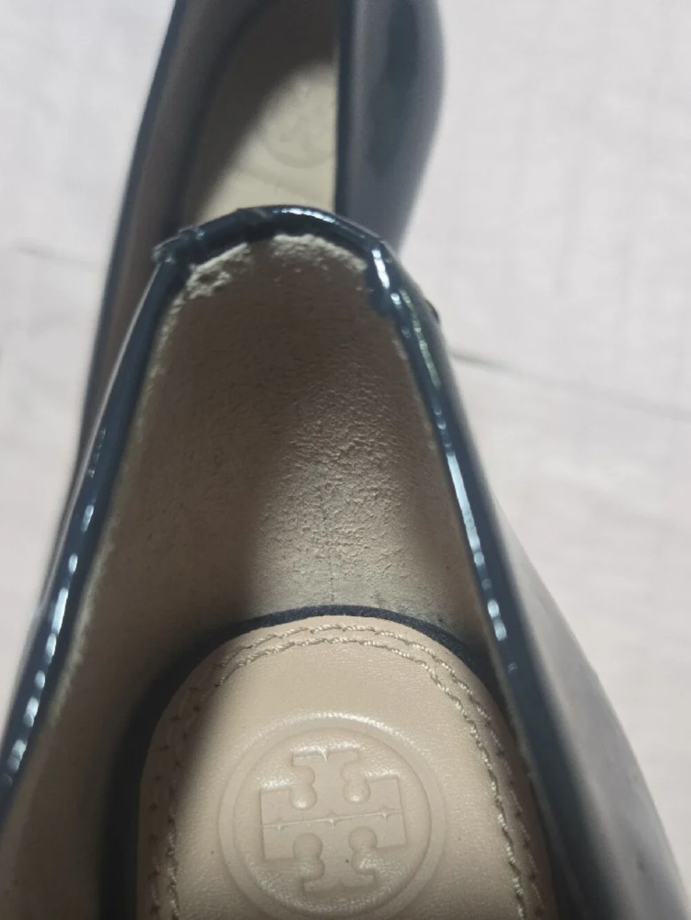 Tory Burch Navy Patent Peep-Toe Wedge with Gold Logo Accent
